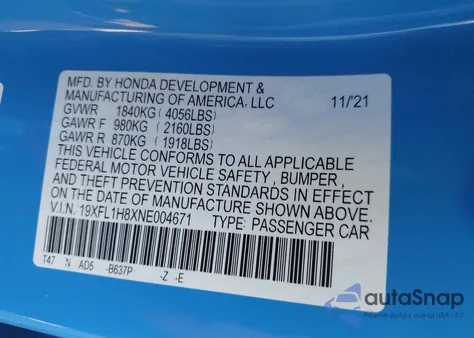 2022 Honda Civic Sport Touring from USA, damaged, VIN 19XFL1H8XNE004671